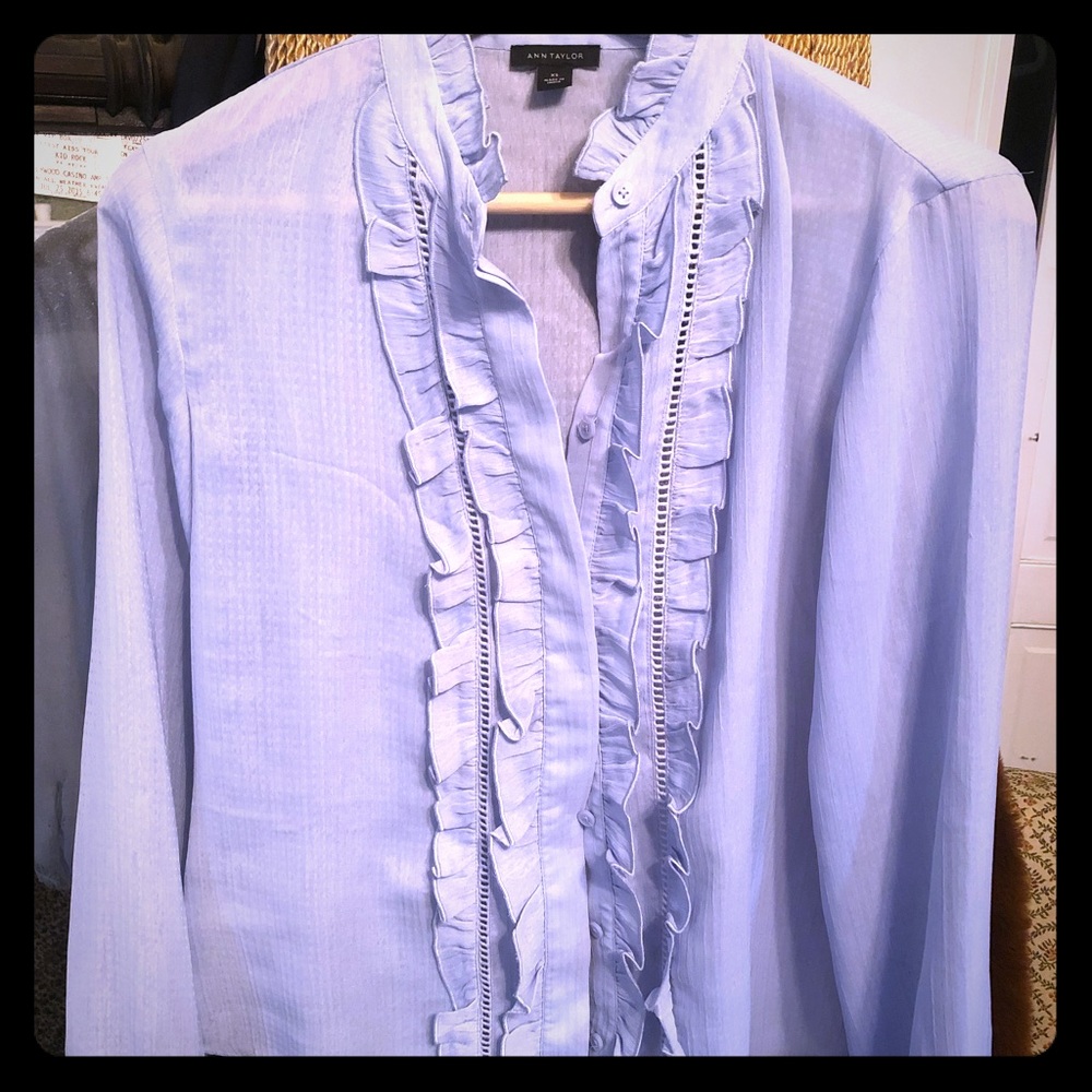 ANN TAYLOR ruffled / eyelet baby blue woven top.